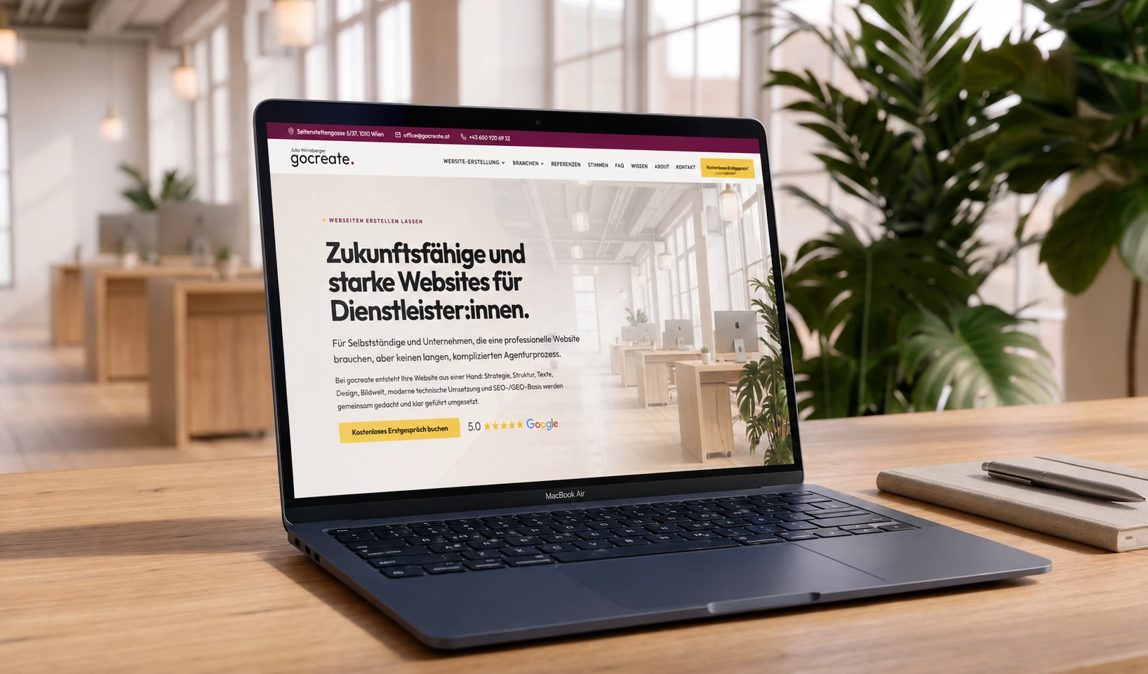 Die gocreate.at-Website auf einem MacBook — schnelle, moderne technische Umsetzung