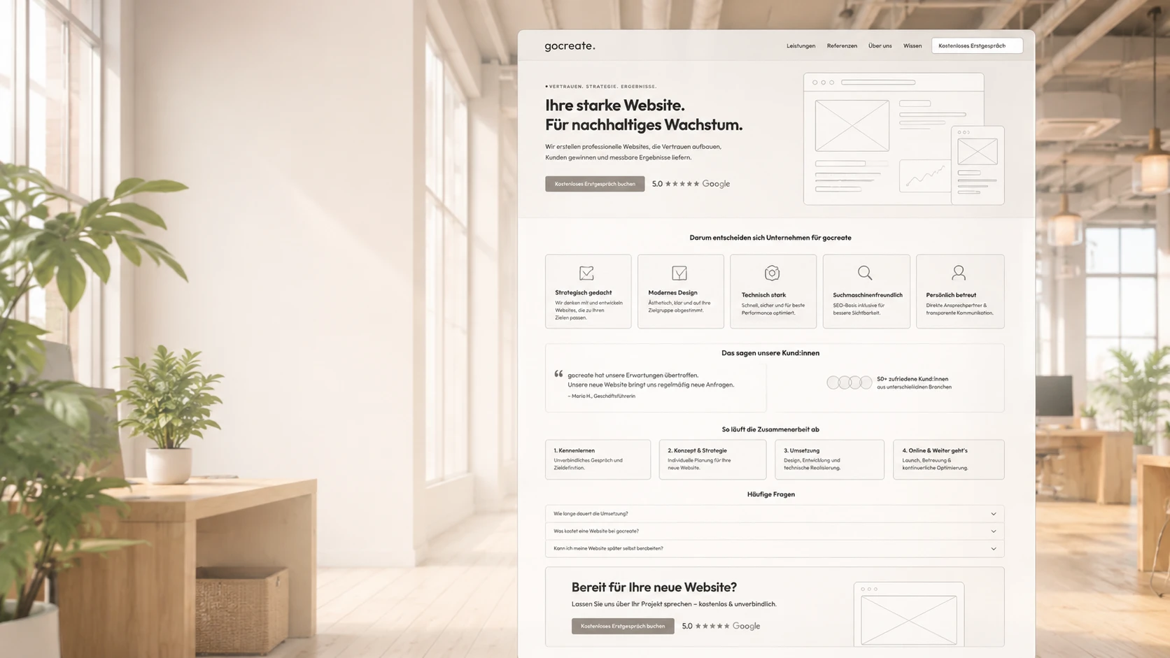 Website-Wireframe-Entwurf von gocreate in moderner Agentur-Umgebung