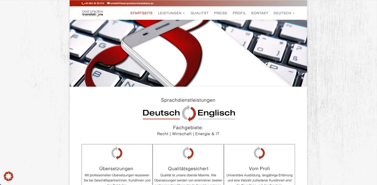 Screenshot der Website von Best Practice Translations – Sprachdienstleistungen Deutsch-Englisch