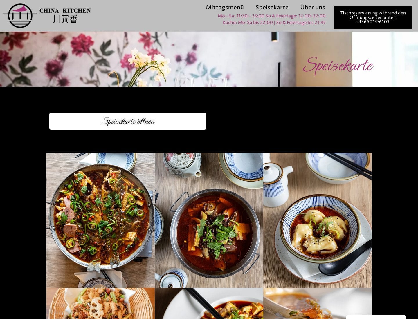 Unterseite Speisekarte der Website von China Kitchen Vienna