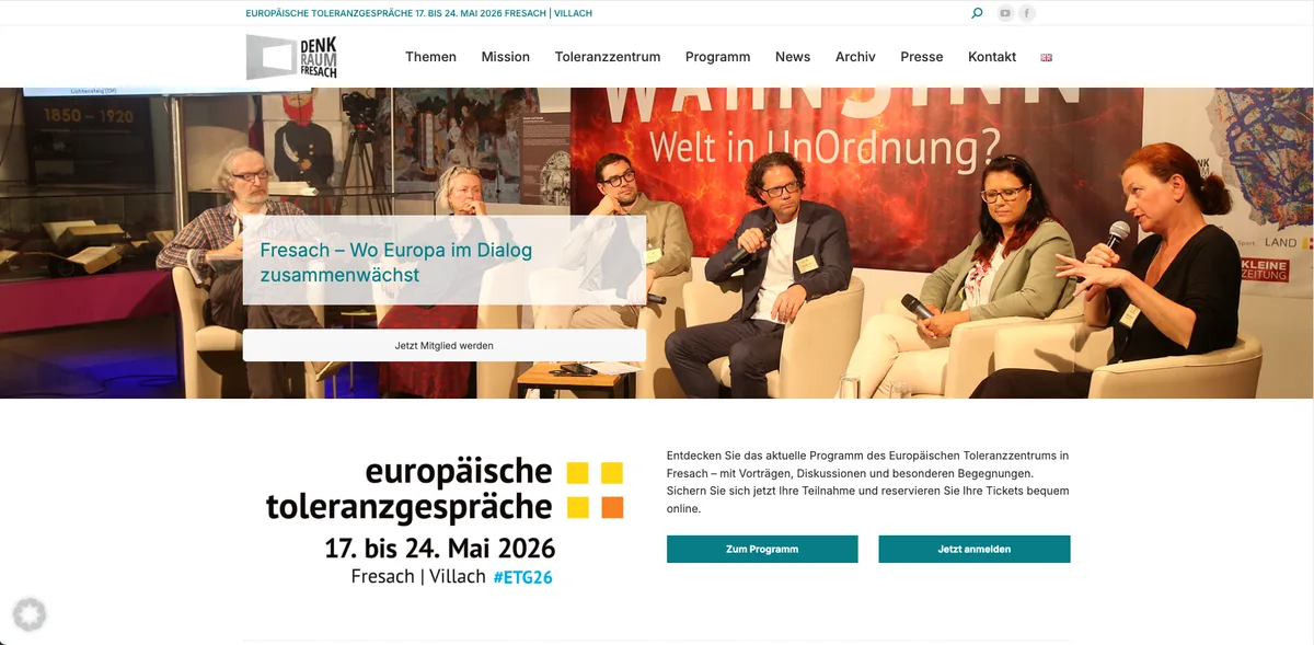 Screenshot der Website von Denkraum Fresach – Europäische Toleranzgespräche