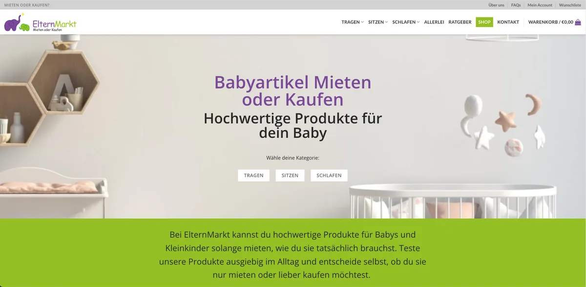 Screenshot der Website von ElternMarkt – Babyartikel mieten oder kaufen