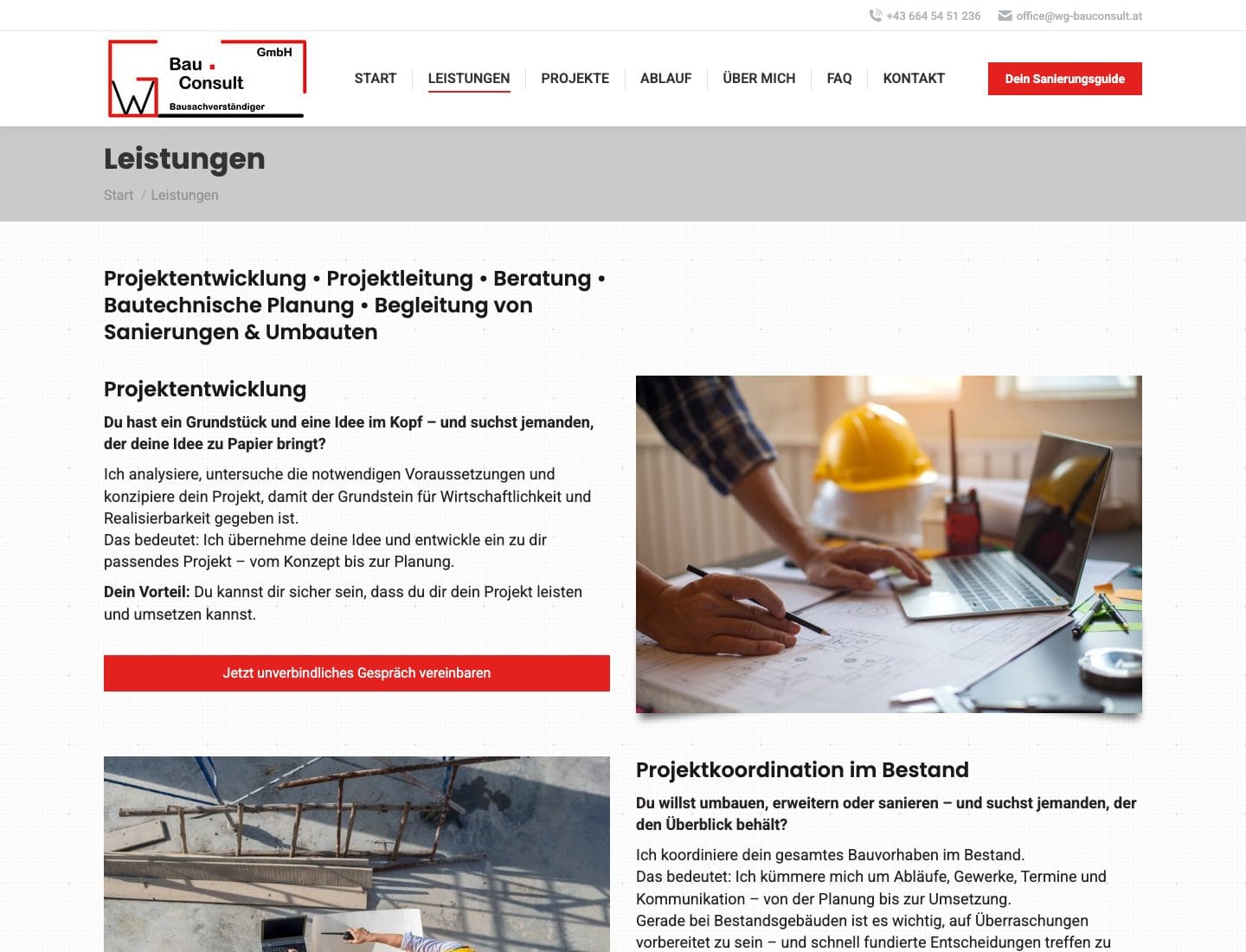 Leistungsseite der Website von bm.wg bau.consult mit den Bau-Consulting-Leistungen