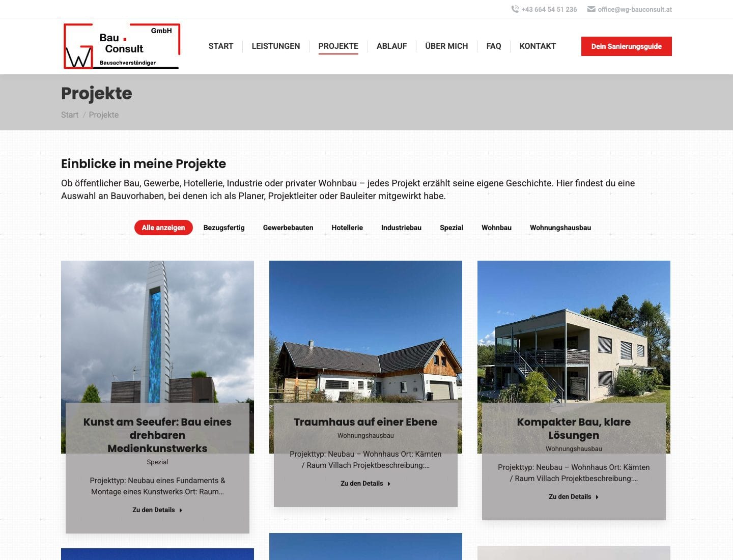 Projektportfolio der Website von bm.wg bau.consult mit Referenzprojekten nach Kategorien