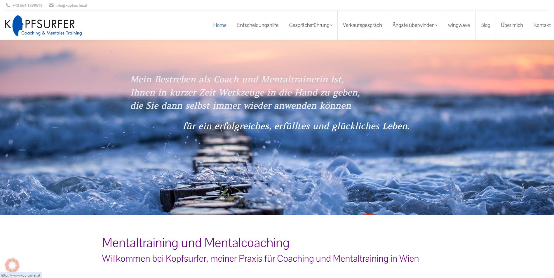Screenshot der Website von Claudia Mattner – Kopfsurfer Coaching & Mentales Training