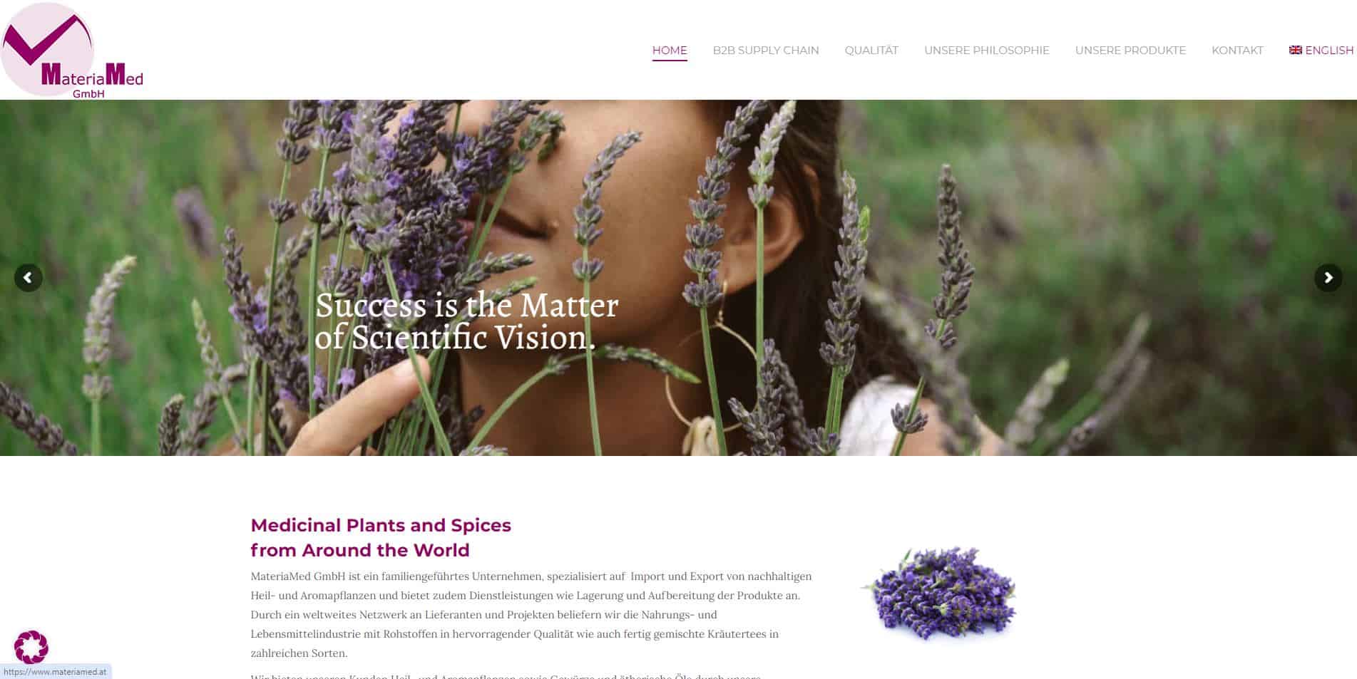 Screenshot der Website von Import & Export Heil- und Aromapflanzen – Materia Med
