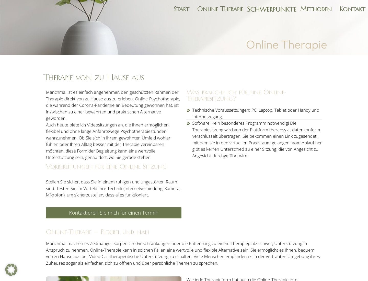 Unterseite Online Therapie der Website von Marina Mrkwicka