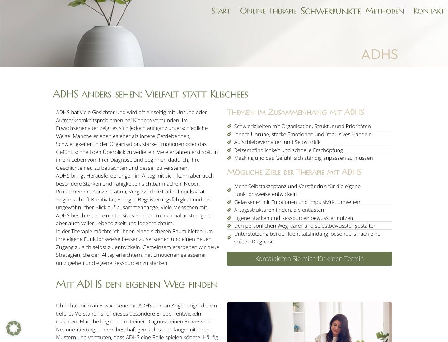 Unterseite ADHS der Website von Marina Mrkwicka