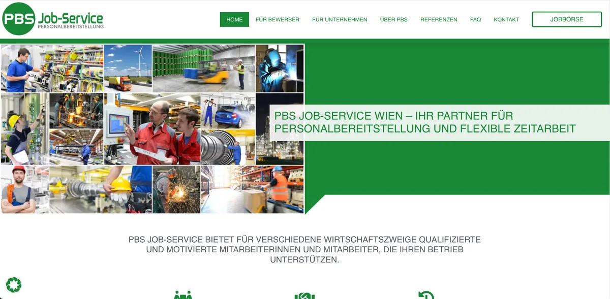 Screenshot der Website von PBS Job-Service – Personalbereitstellung und flexible Zeitarbeit