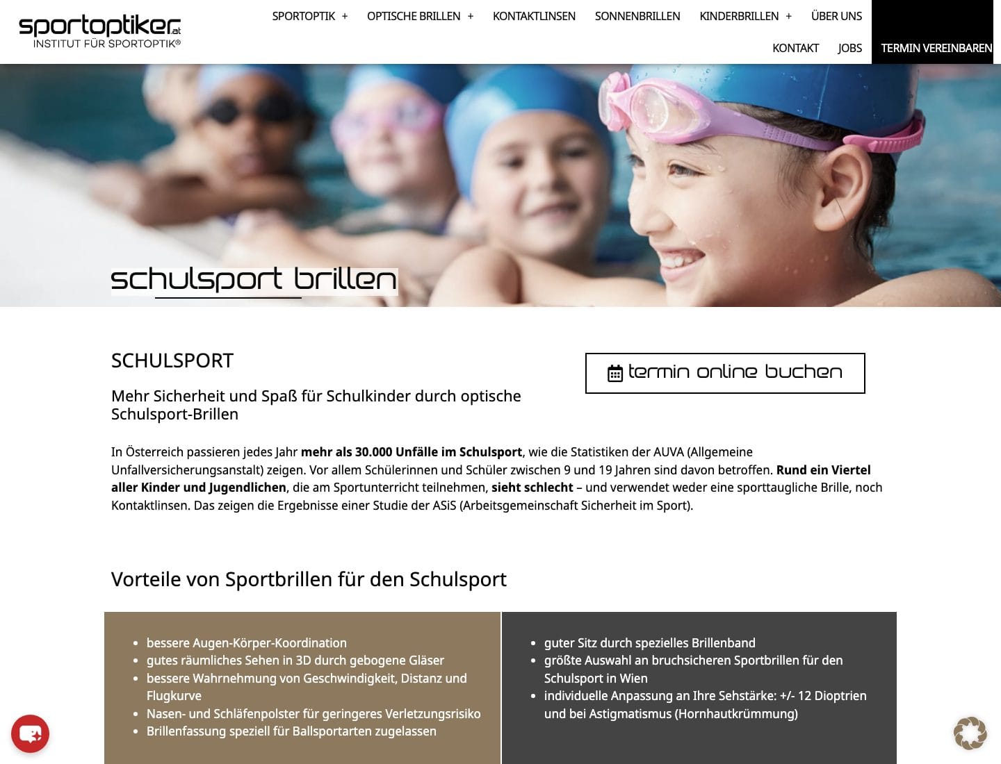 Unterseite Schulsport der Website von Sportoptiker Wien