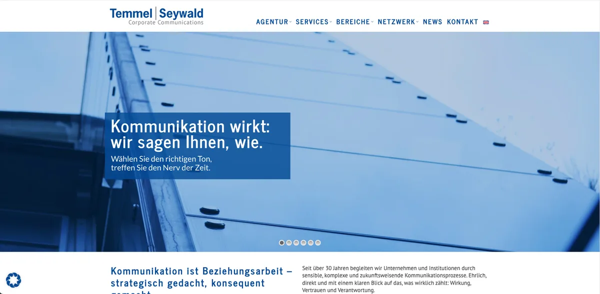 Screenshot der Website von Temmel Seywald – PR- und Kommunikationsagentur