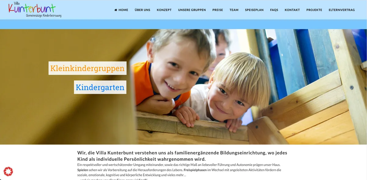 Screenshot der Website von Villa Kunterbunt – Gemeinnützige Kinderbetreuung