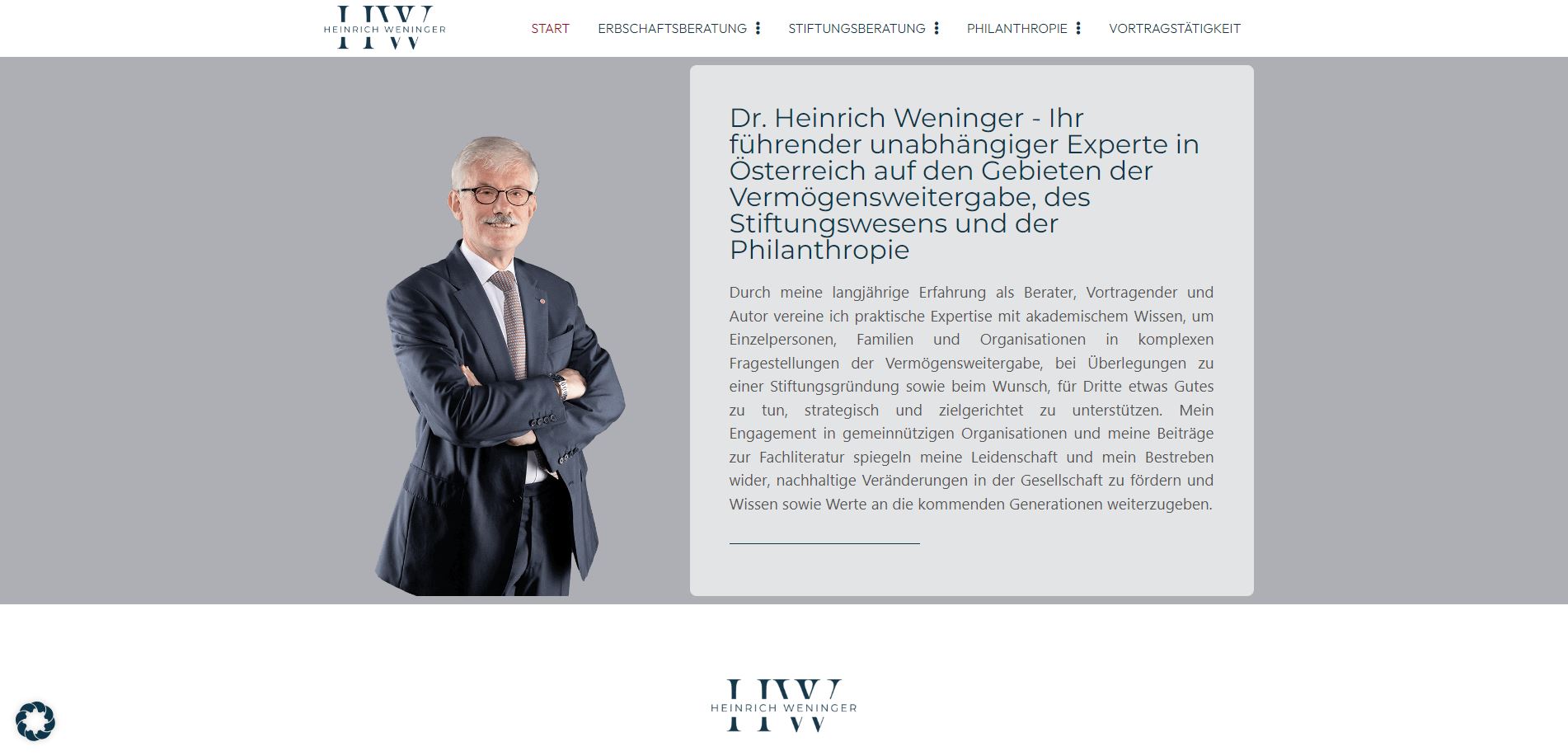 Screenshot der Website von Dr. Heinrich Weninger – Vermögensweitergabe, Stiftungswesen
