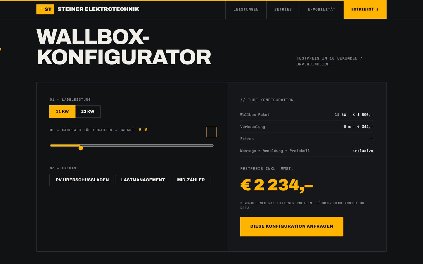 Wallbox-Konfigurator der Steiner-Demo mit Festpreis-Berechnung