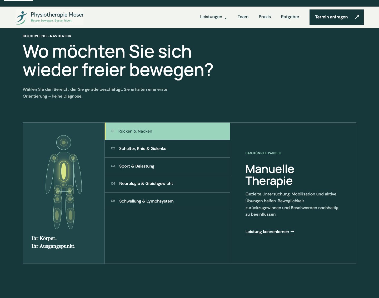Beschwerde-Navigator der Moser-Demo mit anklickbarer Körperkarte