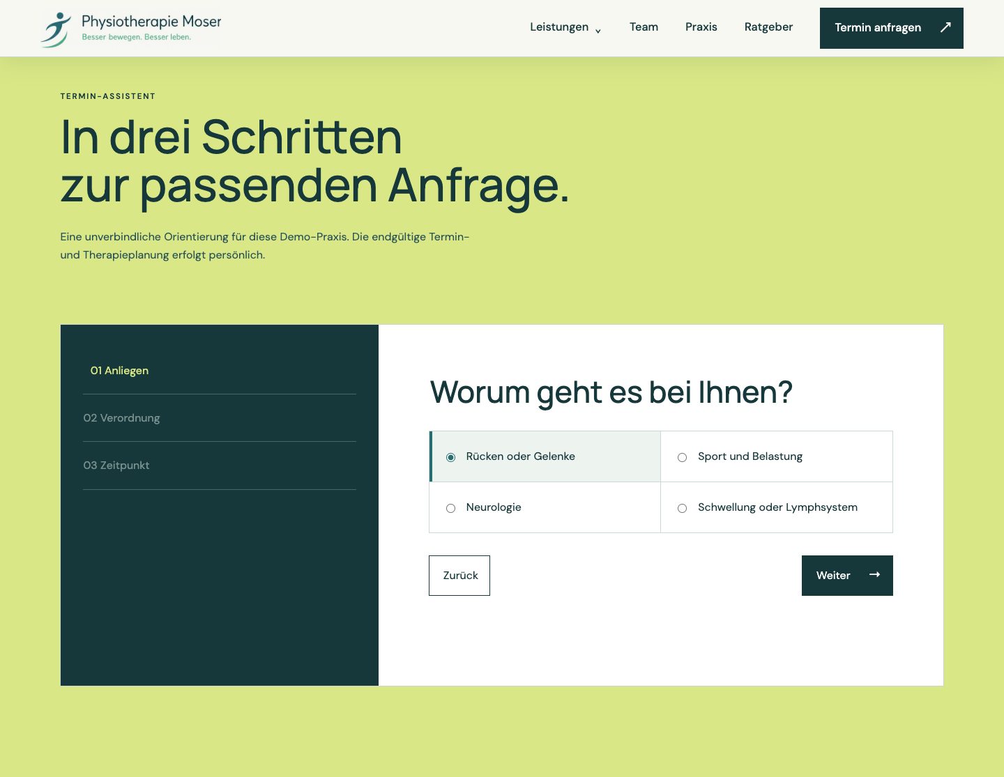 Termin-Assistent der Moser-Demo mit drei Schritten zur Anfrage