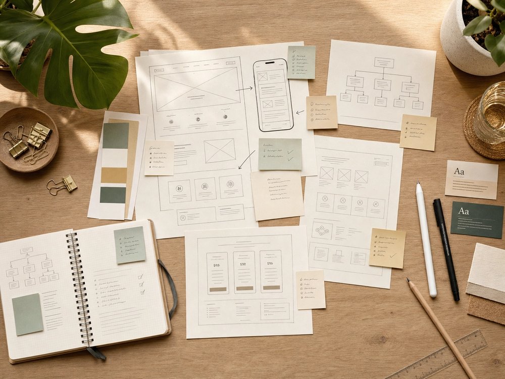 Webdesign-Prozess: Konzeptskizzen, Wireframes und Farbpaletten auf hellem Holztisch